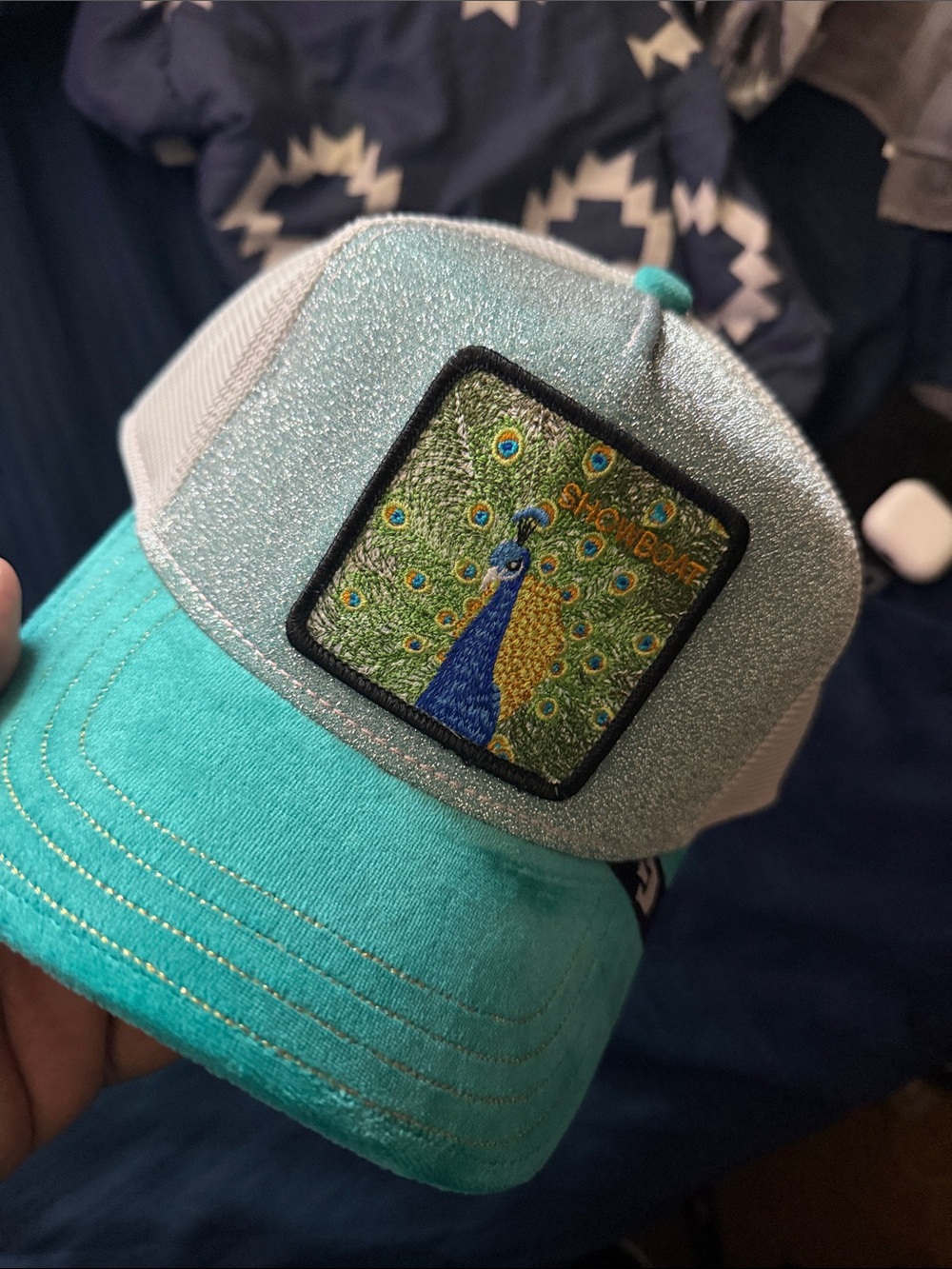 Sparkle Peacock Patch Trucker Hat - Teal & Silver NWT